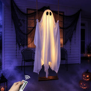 Halloween Large Ghost Swing Ornament Glowing Hanging Yard Decor with Maple Leaf Options for Porch & Garden
