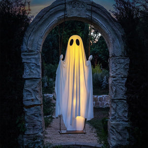 Giant hanging ghost decoration with maple leaf accents – perfect for outdoor haunted house and garden setups.