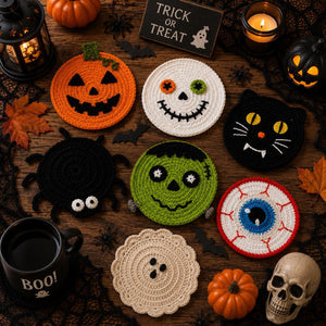 Handmade Halloween crochet coaster set with pumpkin, ghost, and monster designs for festive table decor.