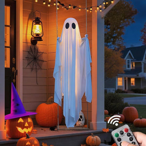 Halloween Large Ghost Swing Ornament Glowing Hanging Yard Decor with Maple Leaf Options for Porch & Garden