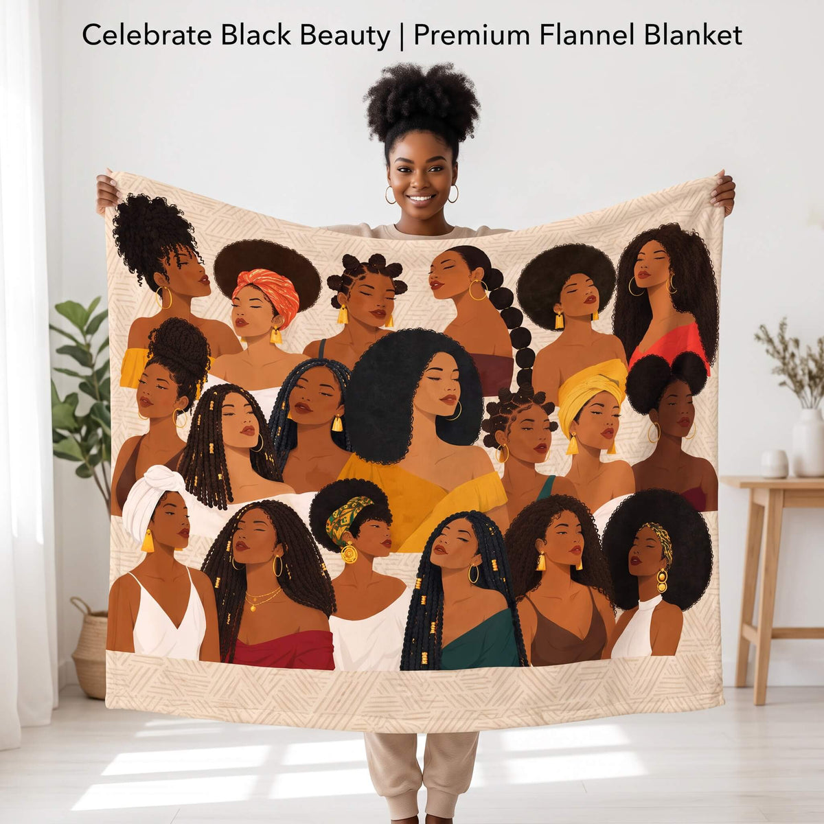 An African American throw blanket featuring a colorful Afrocentric design celebrating Black women.