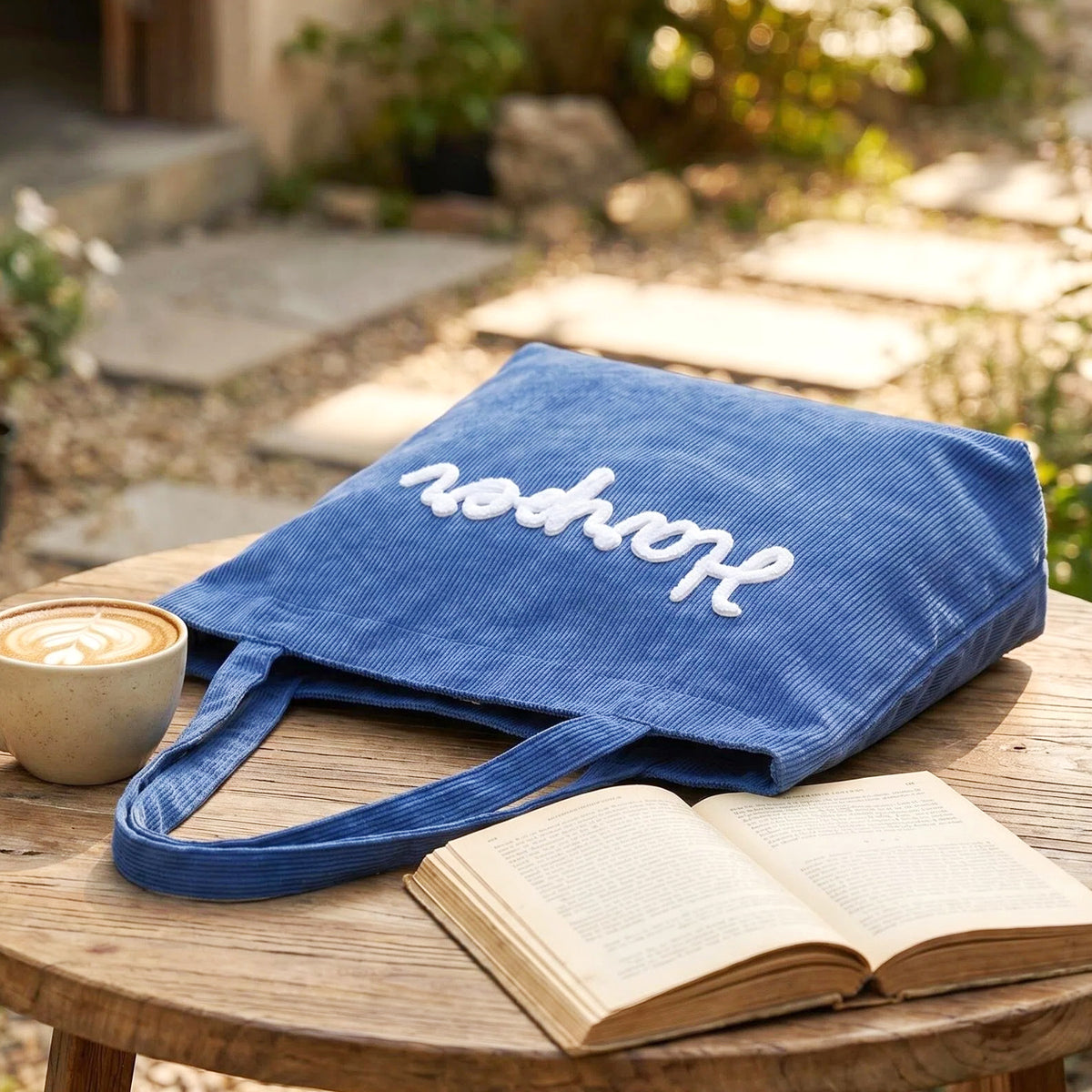 Personalized corduroy tote bags with raised 3D yarn name embroidery