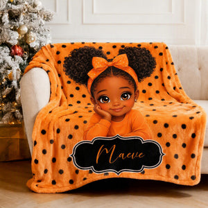 Personalized cartoon girl flannel blanket with name – perfect birthday or Christmas gift for little girls.