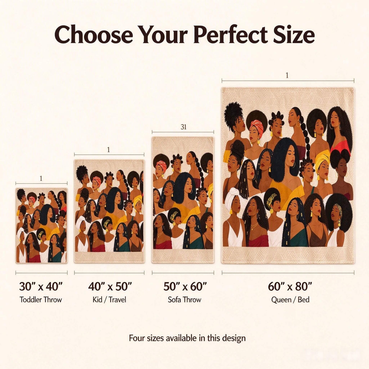 African American throw blanket available in 30 x 40, 40 x 50, 50 x 60 and 60 x 80 inch sizes.