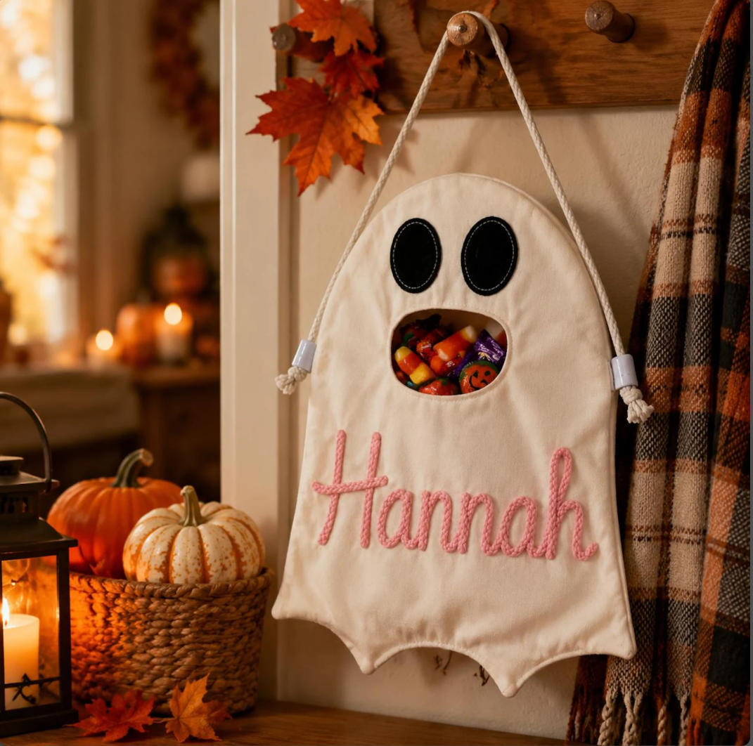 Durable kids treat pouch featuring playful monster face – available in white and orange for party favors.