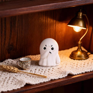 Halloween resin ghost figurine pinching its nose – a funny monster desktop ornament for home and office.
