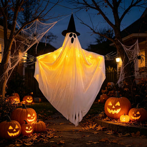Halloween ghost skeleton lighted decoration with glowing witch hat – oversized 80x90cm for yard and porch.