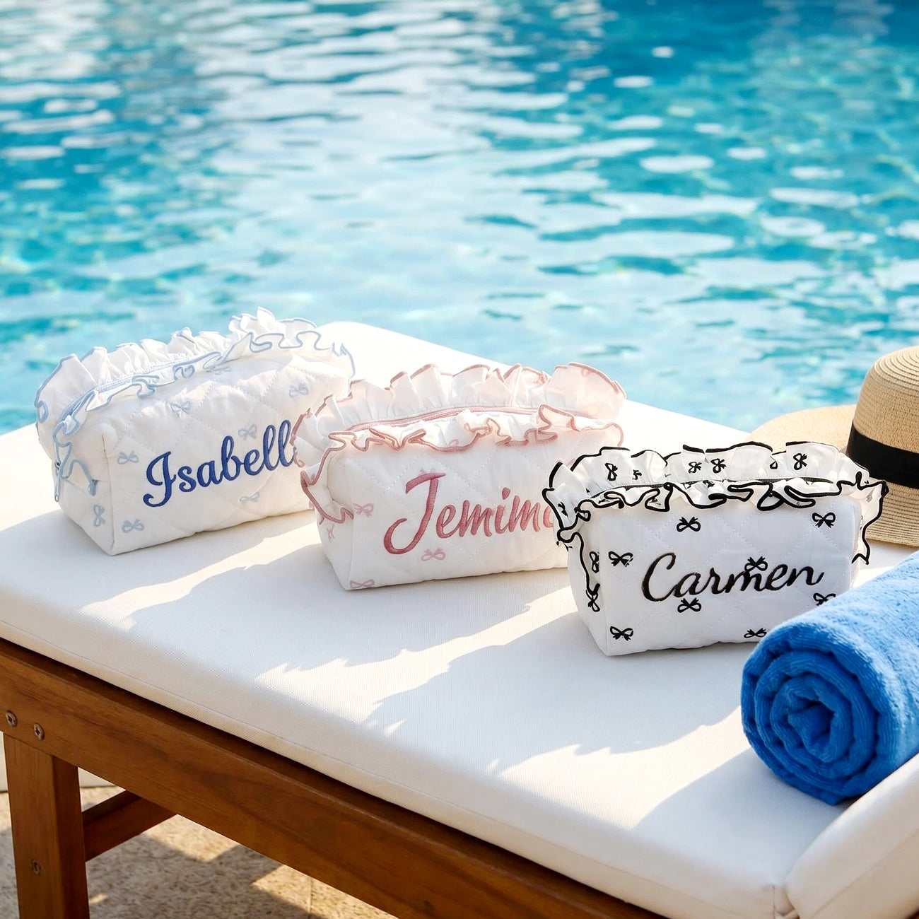 Personalized Frilled Cosmetic Bag,Embroider Ruffled Makeup Bag,bridesmaid bags,Brdesmaid Gift