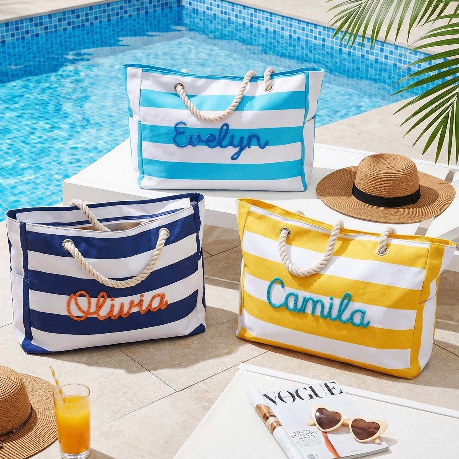Personalized Beach Tote Bag, Embroidered Striped Tote,Trip Vacation Bags,Bridesmaid Gifts