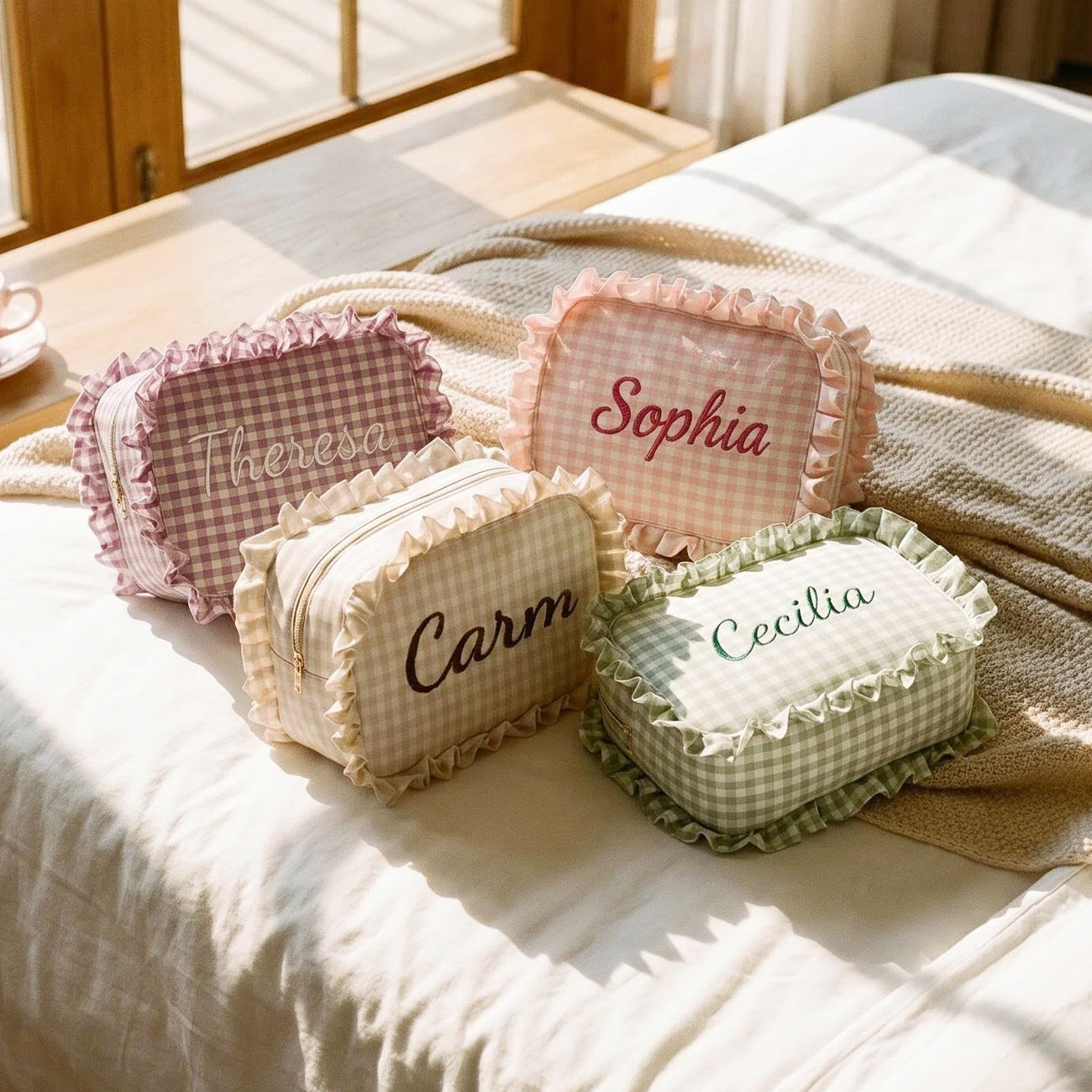 Custom Ruffle Makeup Bag,Personalized Gingham Makeup Bags,Bridal Party Gift,Bridesmaid Gifts