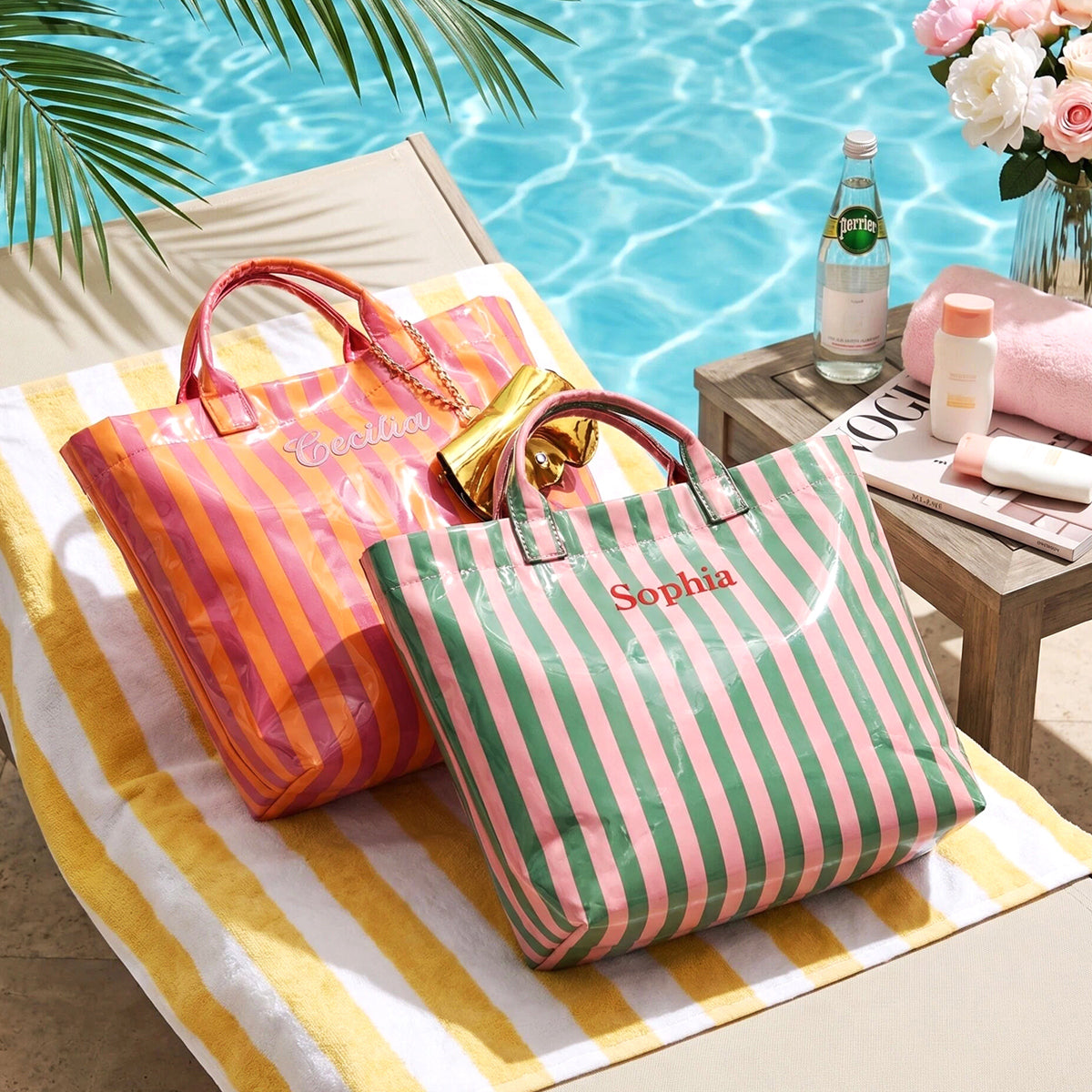 Custom Embroidered Waterproof Beach Tote, Striped PVC Initial Bag,Bridesmaid Gift for Bachelorette Party