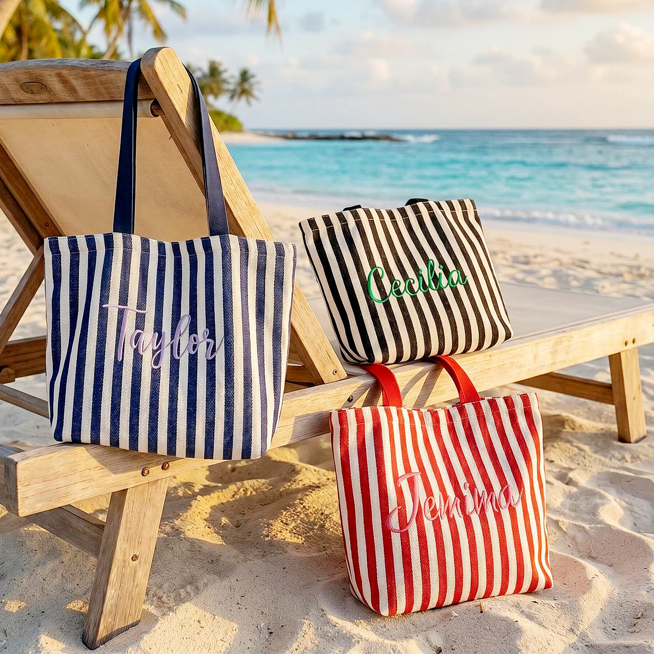 Custom Embroidered Striped Beach Bag,Travel Lightweight Bags,Pool Bag for Women,Bachelorette Gift