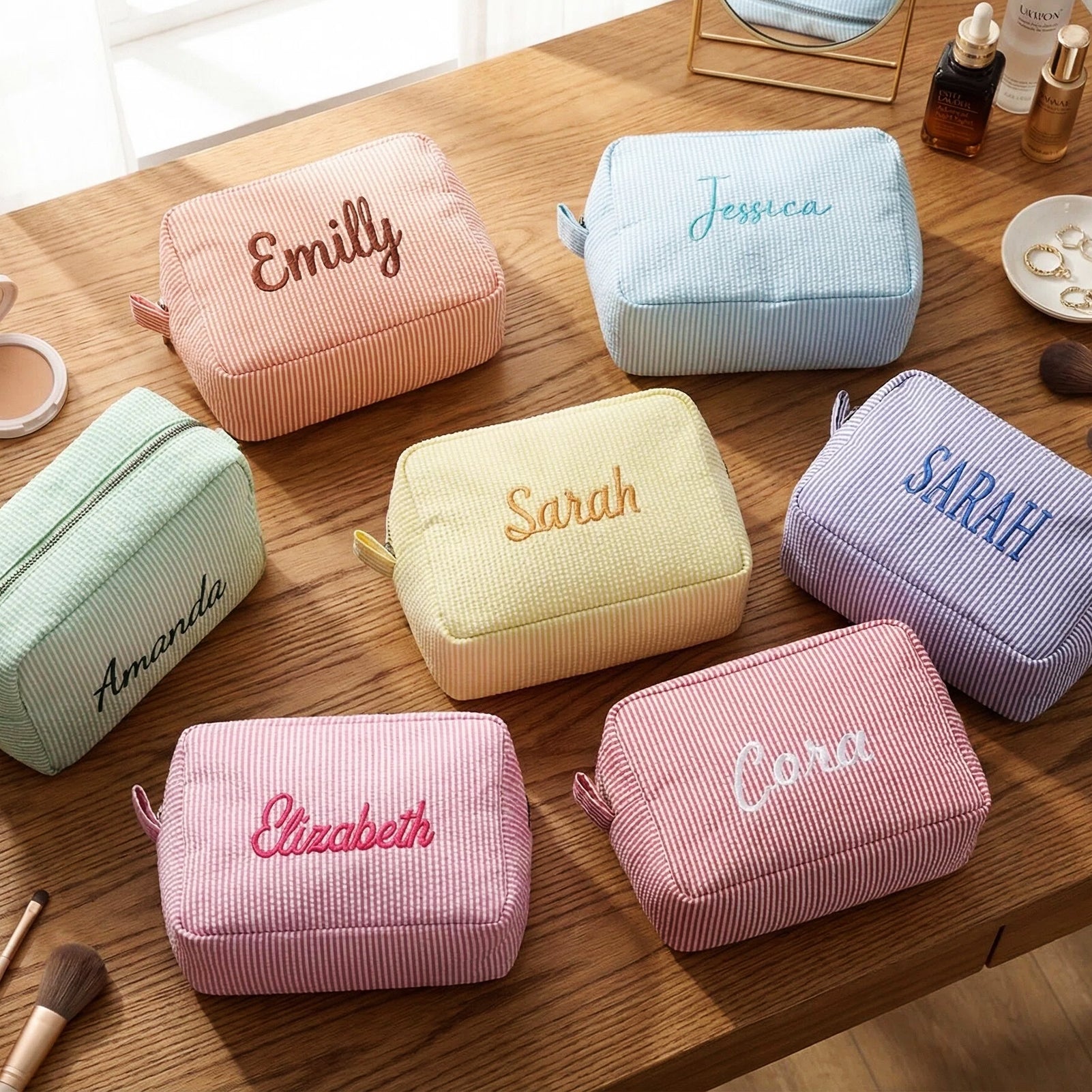 Seersucker Monogrammed Toiletry Bag, Customized Bridesmaid Gift, Toiletries Travel Bag
