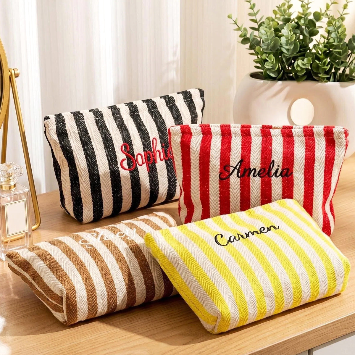 Custom Striped Makeup Bag,Embroidered monogram bag,bridesmaid proposal,bachelorette gift