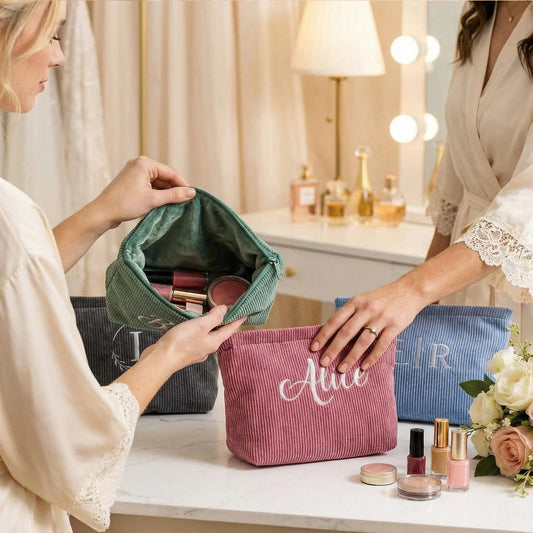 Personalized Corduroy Makeup Bag, Bridesmaid Makeup Bag Gift, Embroidered Makeup Bag, Wedding Party Gift Bag