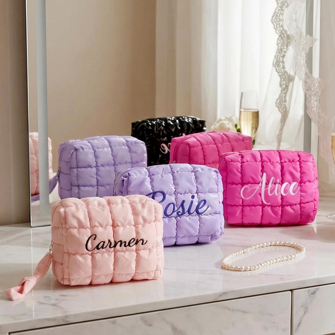 Custom Quilted Cosmetic Bags,Name Puffer Makeup Bag,Cosmetic Toiletry Pouch,Bridal Party Gift