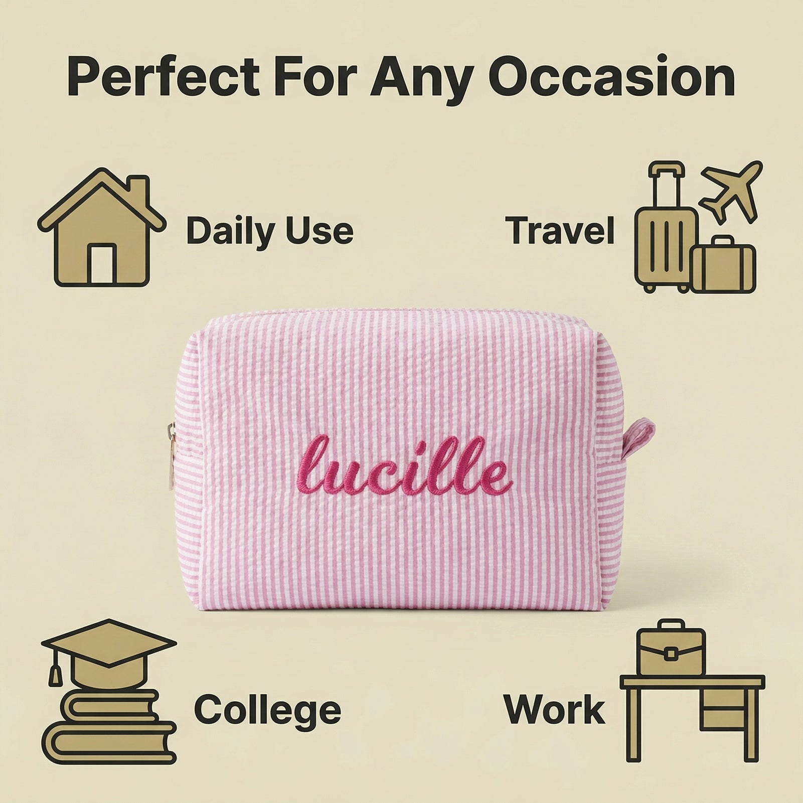 Seersucker Monogrammed Toiletry Bag, Customized Bridesmaid Gift, Toiletries Travel Bag