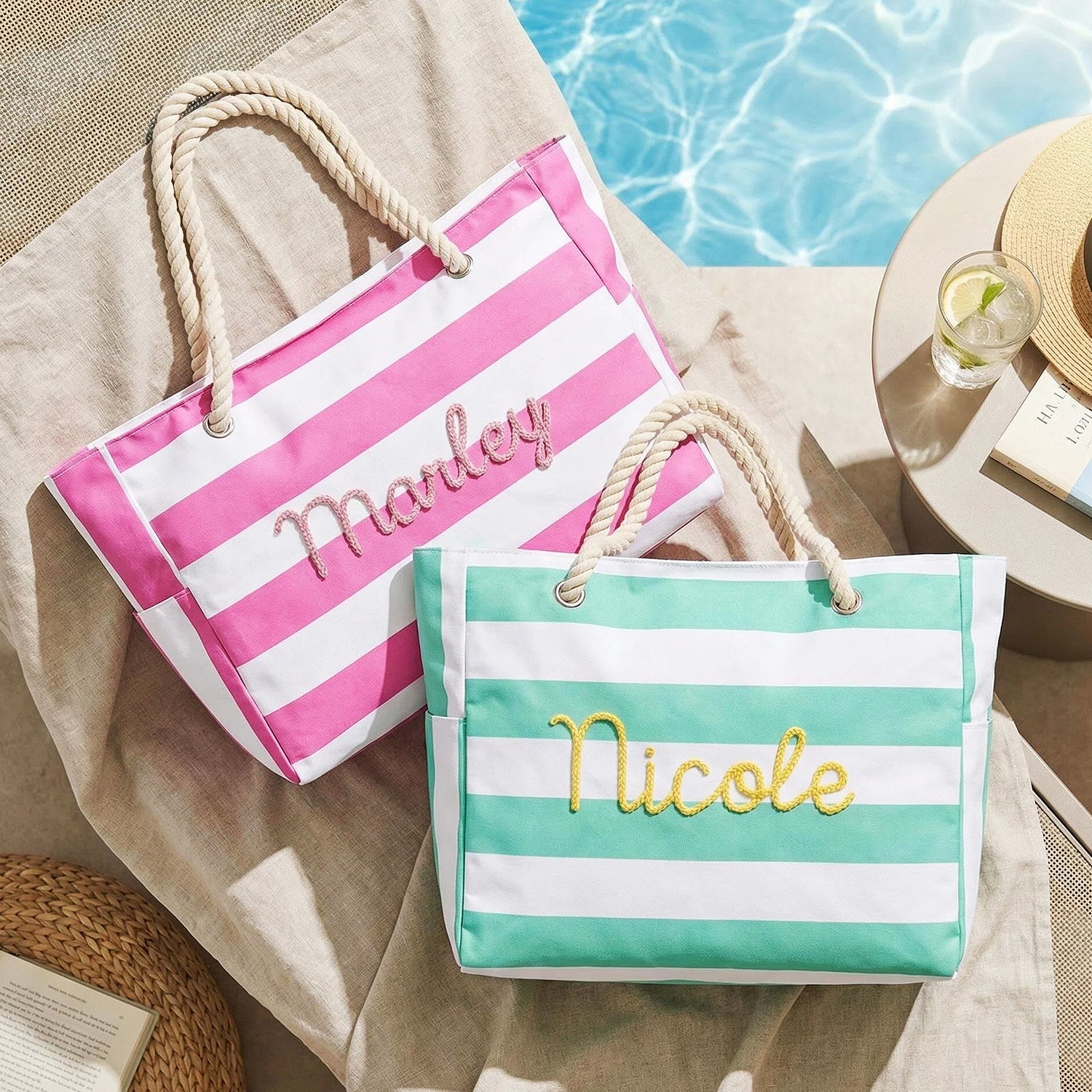 Personalized Beach Tote Bag, Embroidered Striped Tote,Trip Vacation Bags,Bridesmaid Gifts
