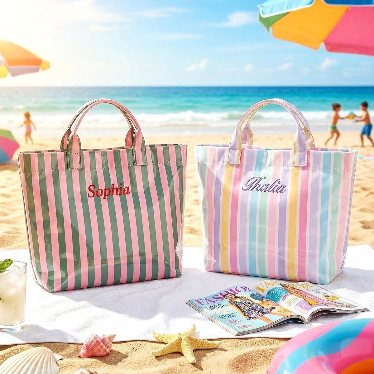 Custom Embroidered Waterproof Beach Tote, Striped PVC Initial Bag,Bridesmaid Gift for Bachelorette Party