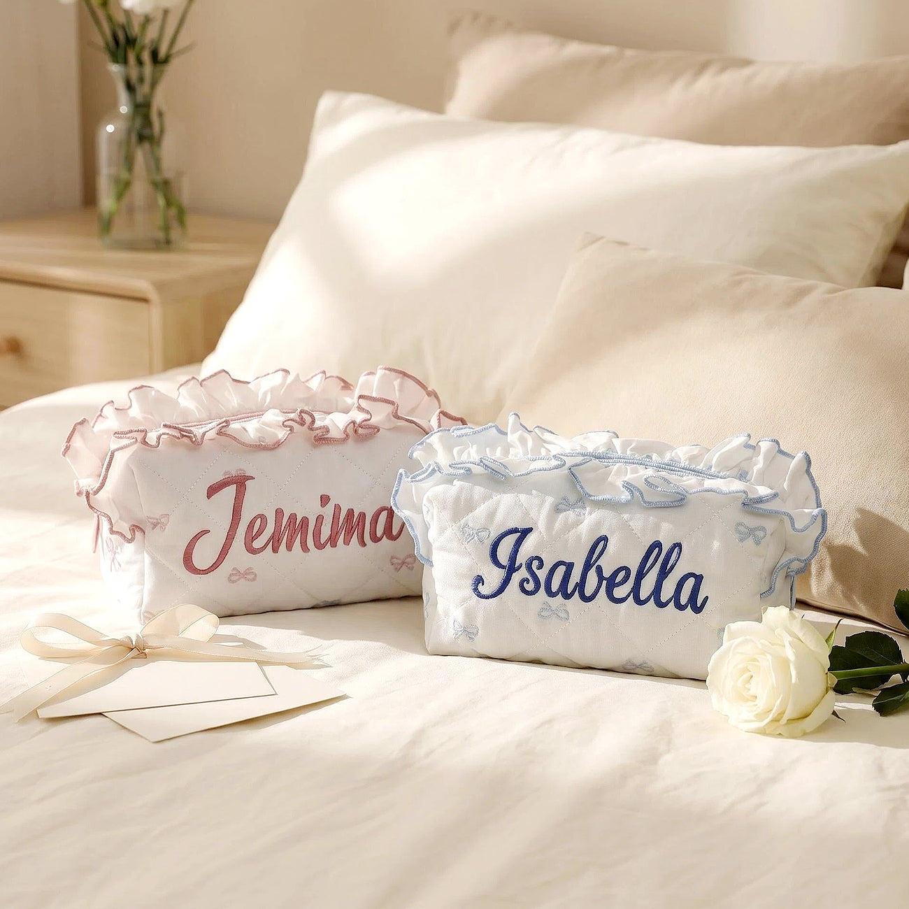 Personalized Frilled Cosmetic Bag,Embroider Ruffled Makeup Bag,bridesmaid bags,Brdesmaid Gift