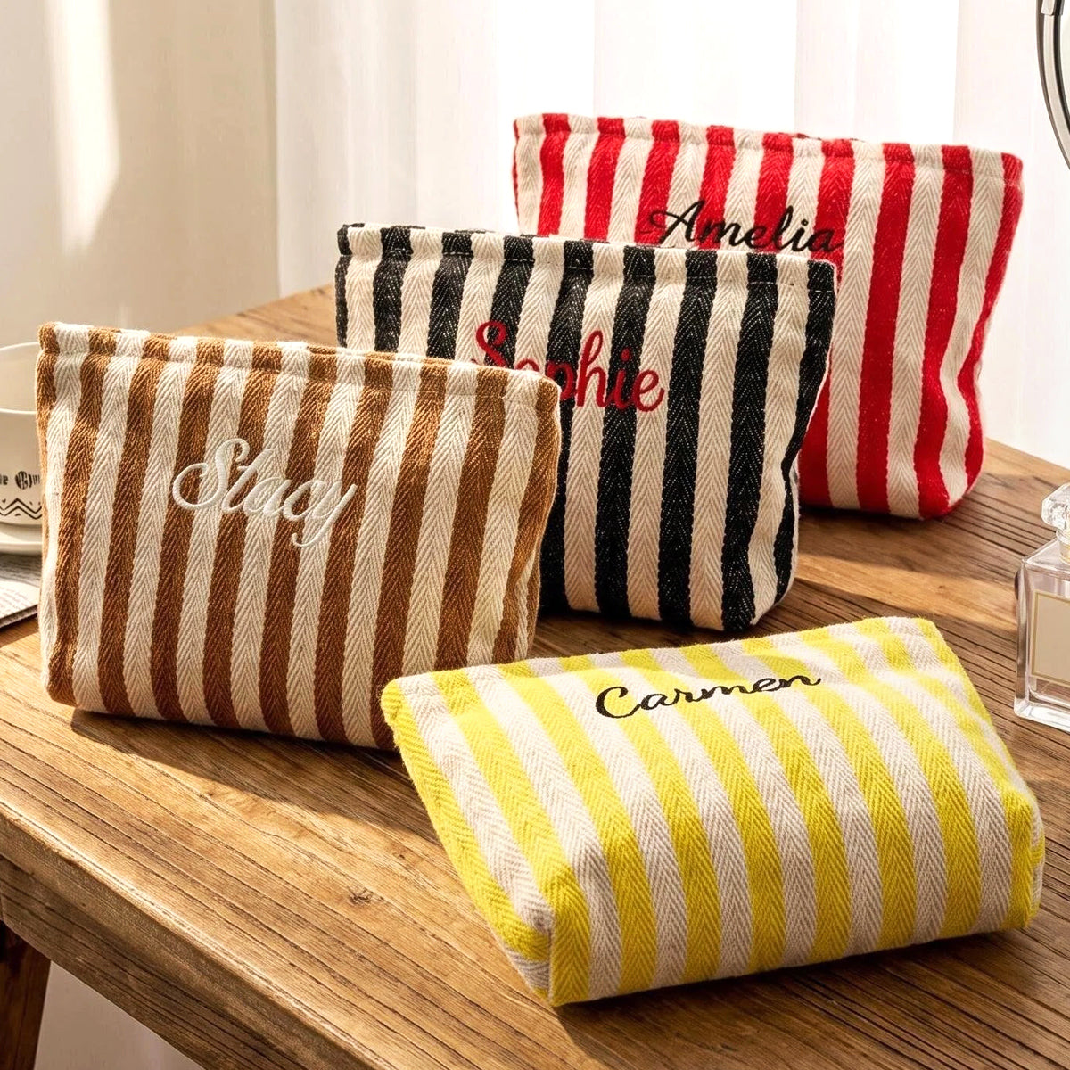 Custom Striped Makeup Bag,Embroidered monogram bag,bridesmaid proposal,bachelorette gift