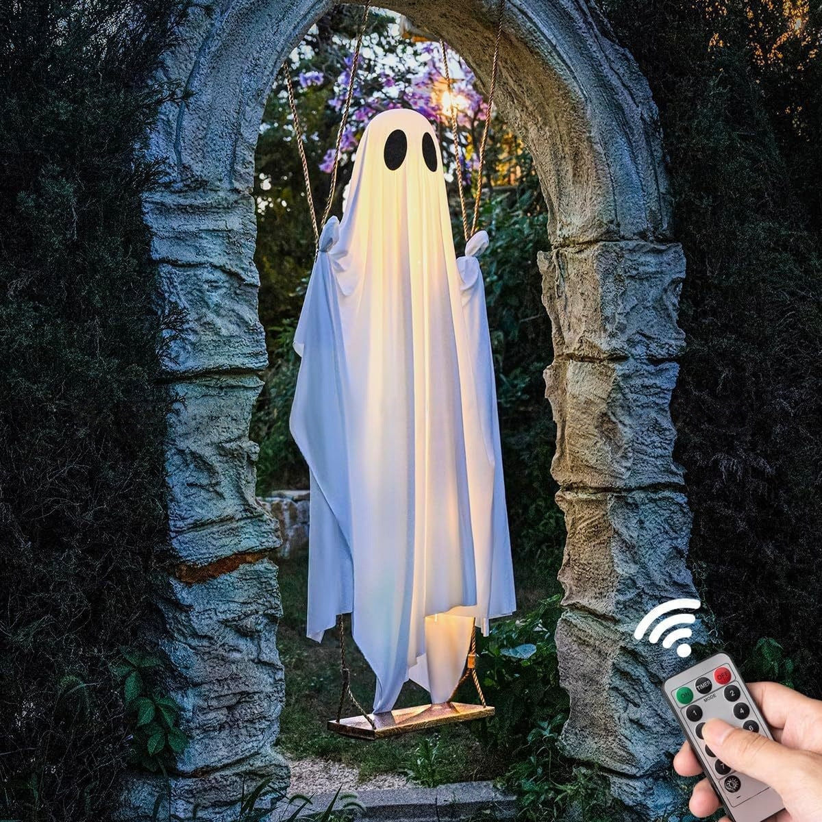 Halloween Large Ghost Swing Ornament  Glowing Hanging Yard Decor with Maple Leaf Options for Porch & Garden