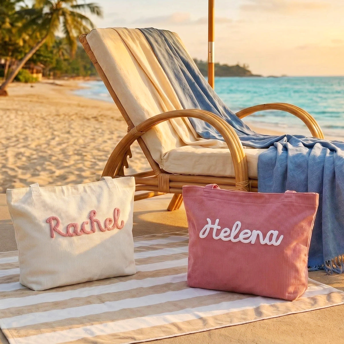 A collection of personalized corduroy tote bags featuring raised yarn names in different colors, displayed on a wooden table.
