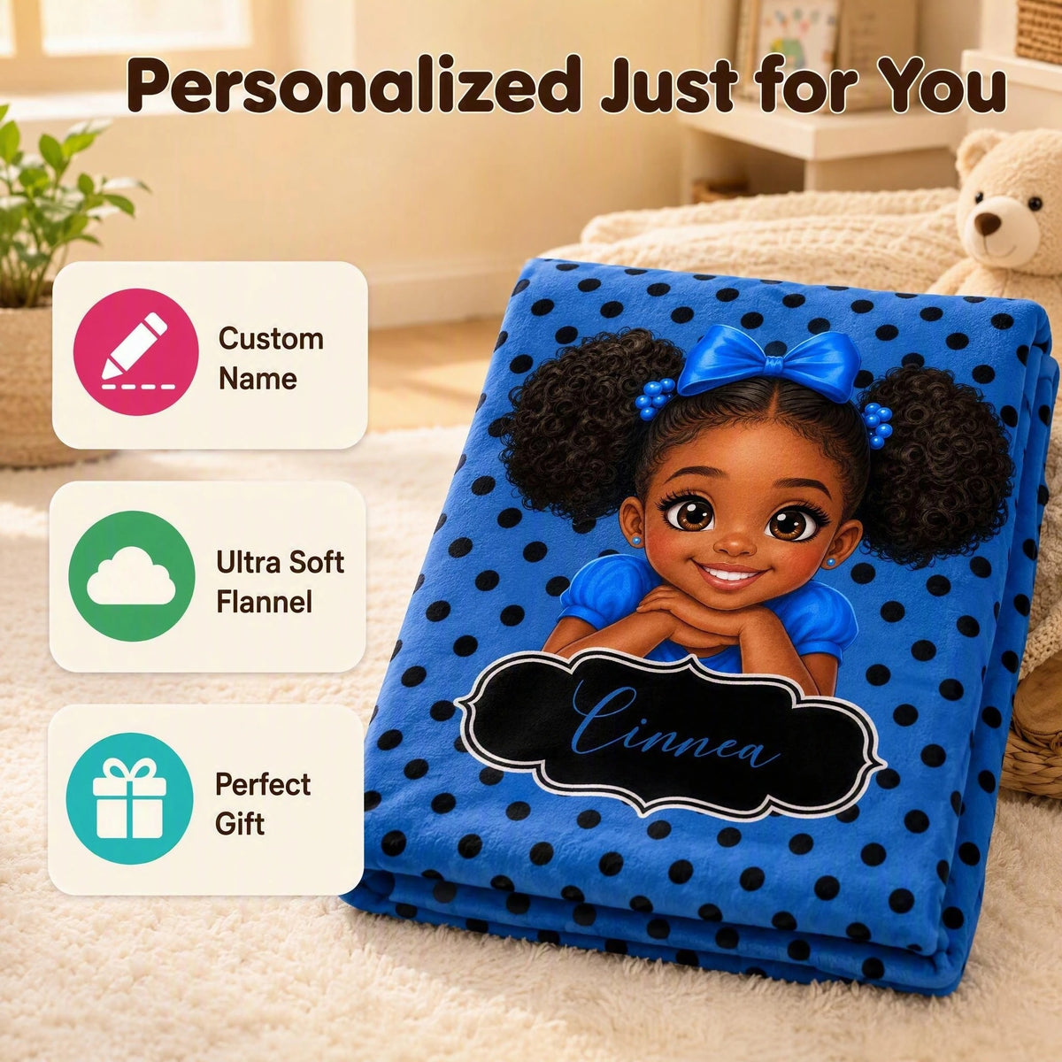 Personalized Black girl flannel blanket with 7 colorful polka dot designs and custom name.