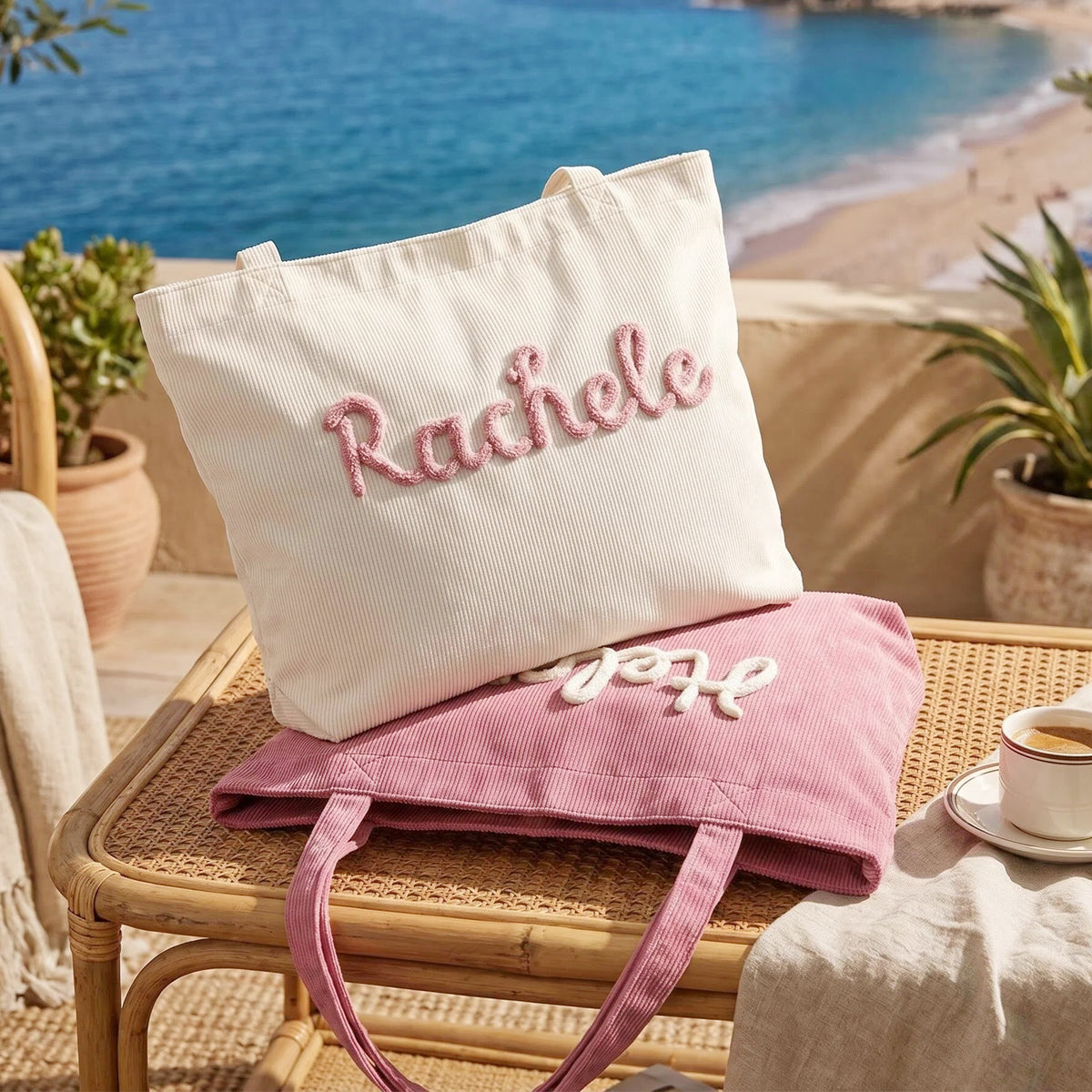 Personalized name tote bags showing five corduroy colors with raised yarn embroidery.