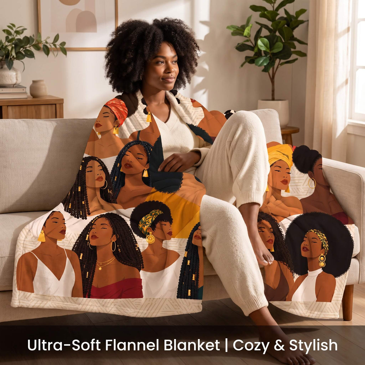 A soft flannel throw blanket with a printed Afrocentric design and fluffy Sherpa fleece backing.