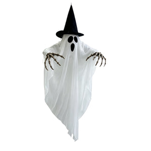 Spooky hanging ornament featuring ghost, skeleton, and witch hat with LED lights for haunted house displays.