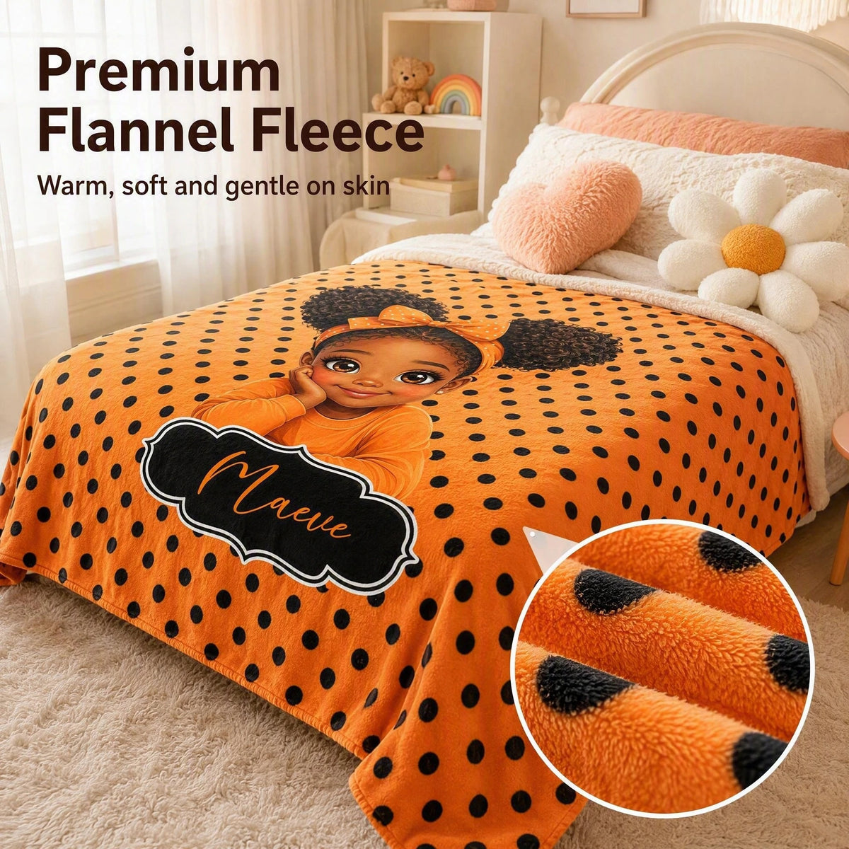 Custom Black girl flannel blanket with 7 colorful polka dot designs and personalized name.