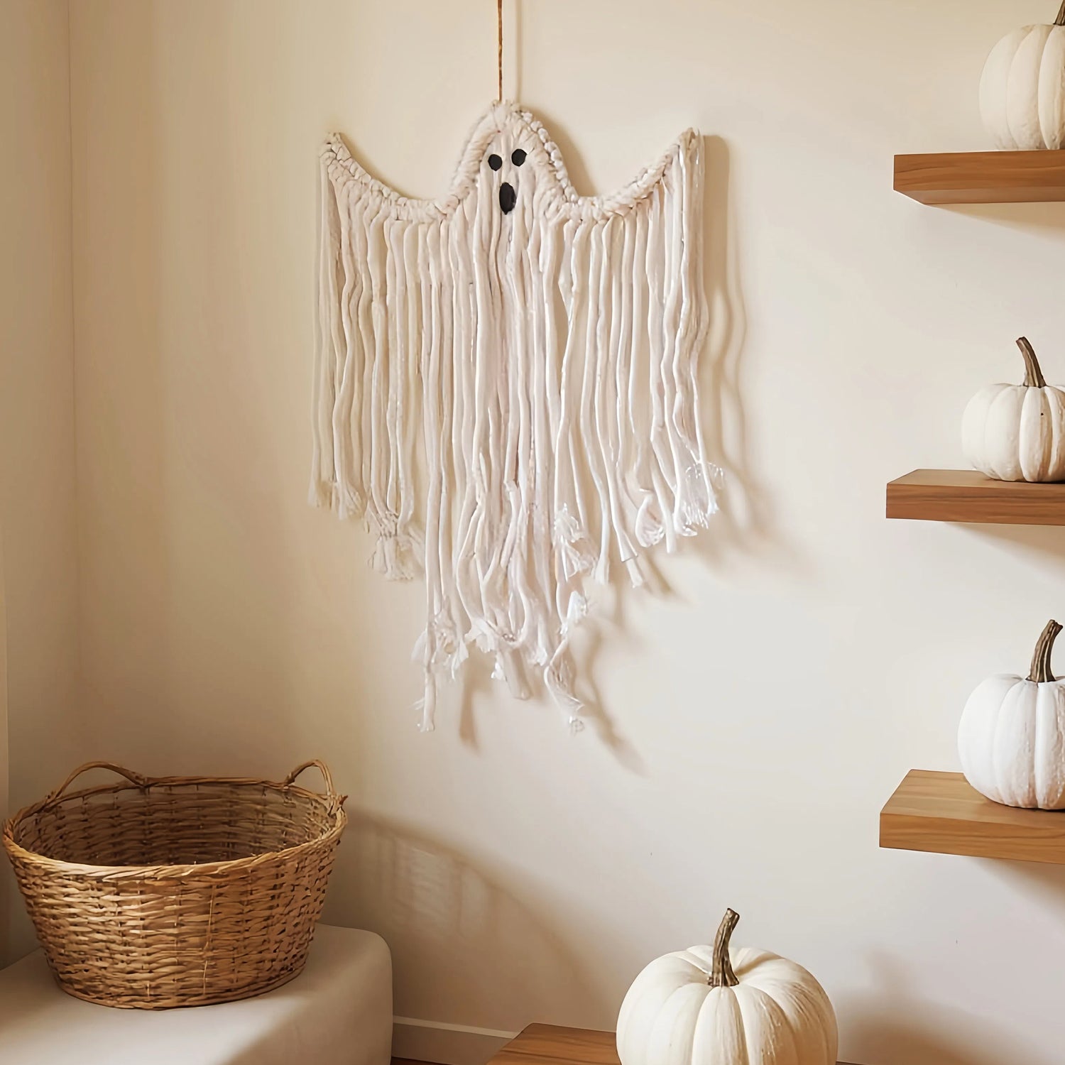 Artisan-crafted woven wall hanging featuring playful Halloween design – unique handmade fall ornament.