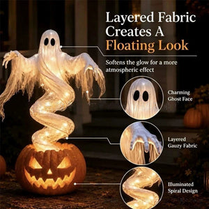 Halloween ghost pumpkin yard light illuminated from pumpkin to ghost with warm LED glow for haunted house.