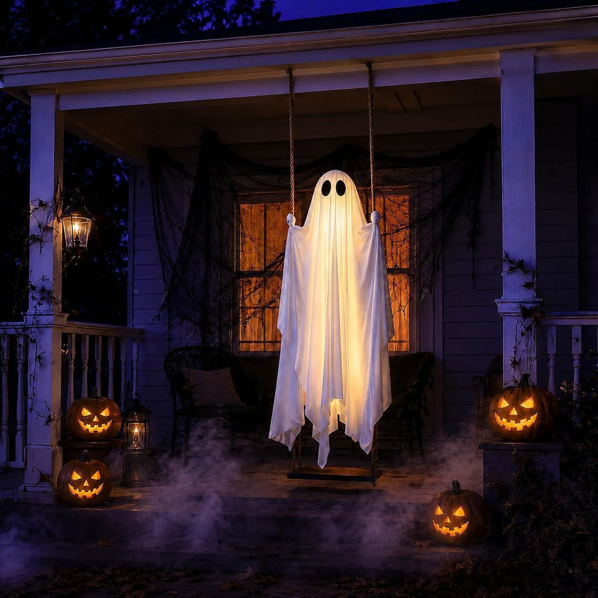 Halloween Large Ghost Swing Ornament  Glowing Hanging Yard Decor with Maple Leaf Options for Porch & Garden