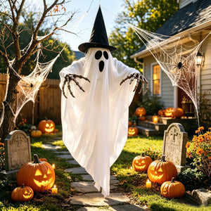 Spooky hanging ornament featuring ghost, skeleton, and witch hat with LED lights for haunted house displays.