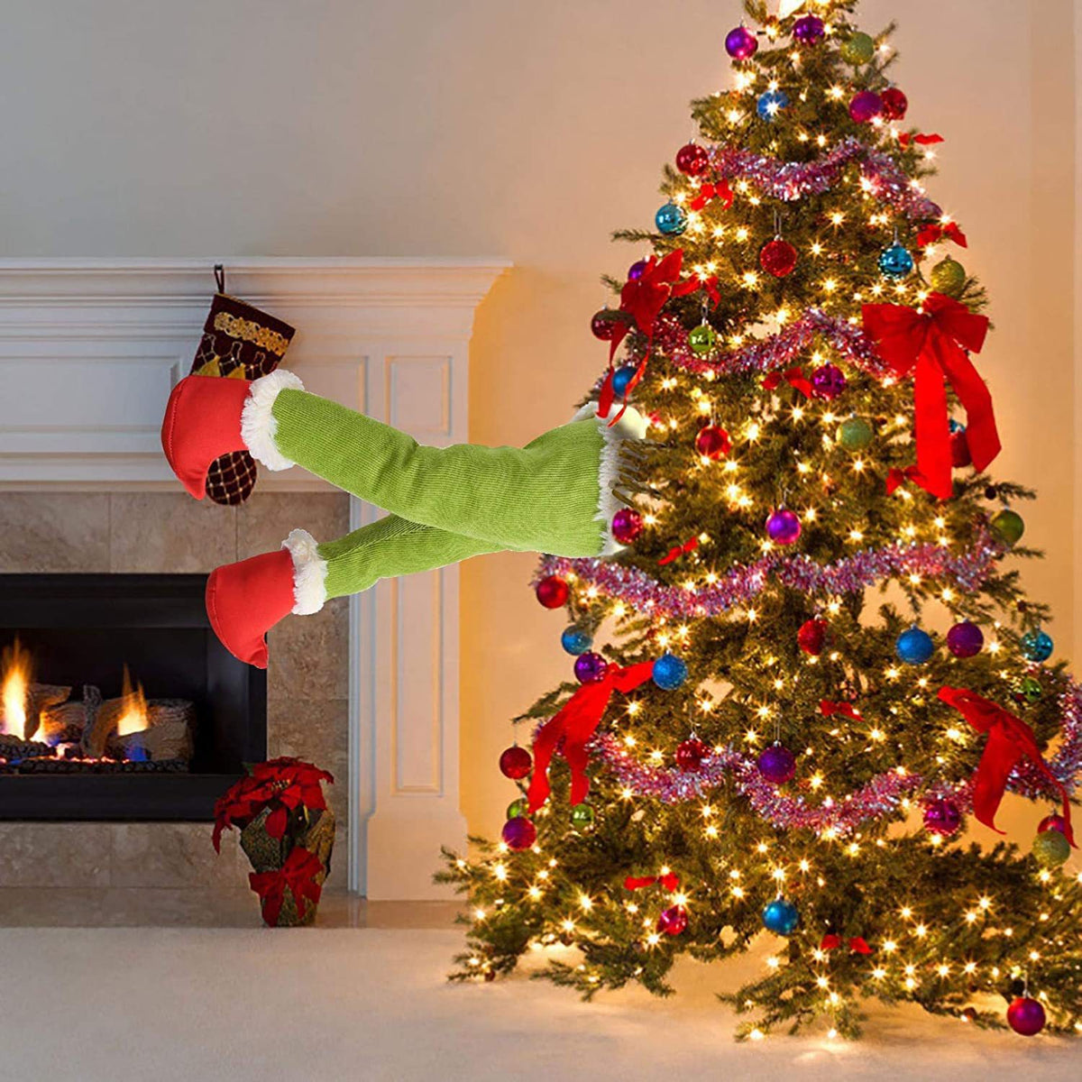 Grinch-inspired green elf legs Christmas decoration