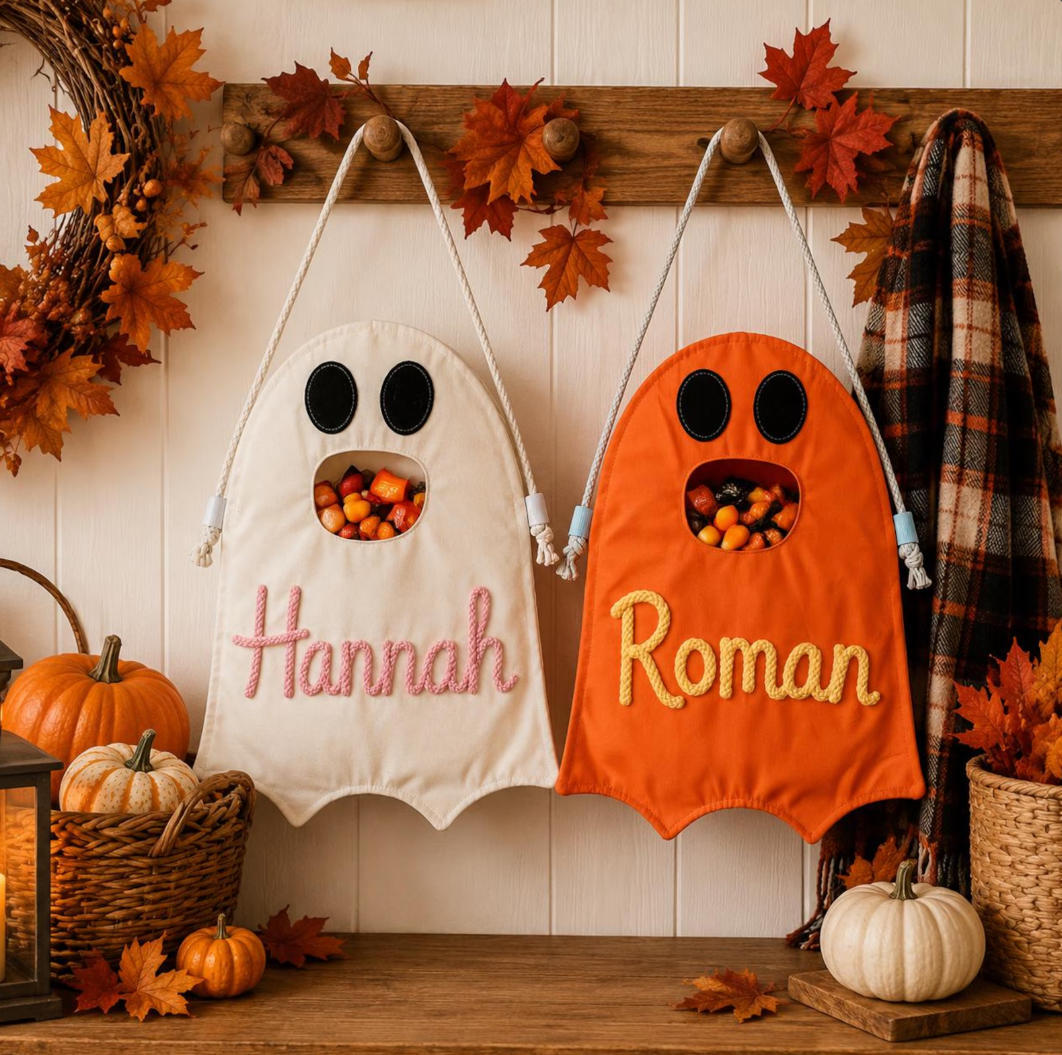 Personalized Halloween candy bag for kids with rope-woven ghost design and custom name for trick-or-treat.