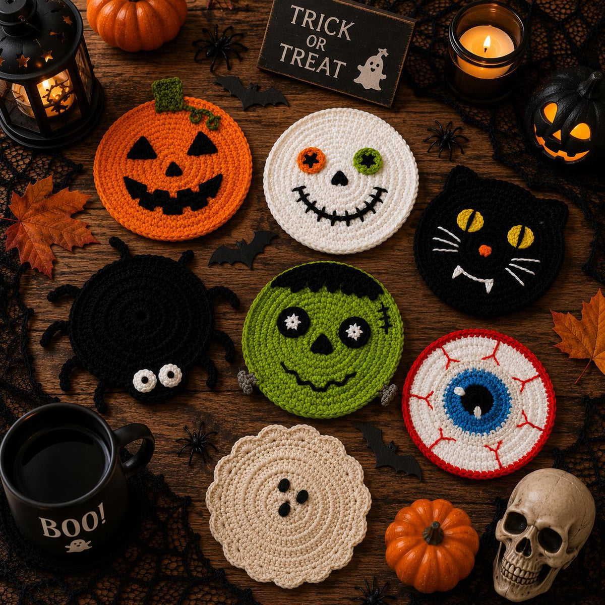 Handmade Halloween crochet coaster set with pumpkin, ghost, and monster designs for festive table decor.