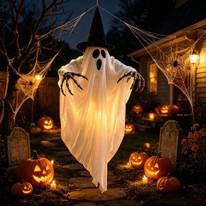 Halloween ghost skeleton lighted decoration with glowing witch hat – oversized 80x90cm for yard and porch.