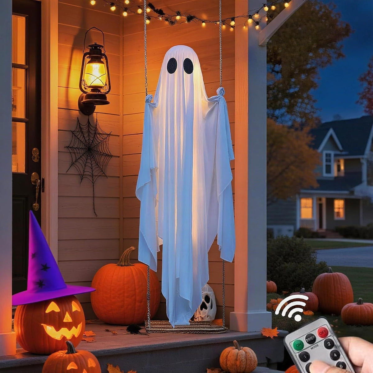 Halloween Large Ghost Swing Ornament  Glowing Hanging Yard Decor with Maple Leaf Options for Porch & Garden