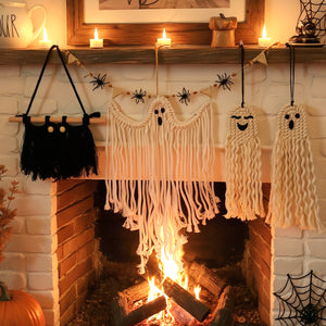 Handmade Halloween woven wall hanging with spooky motifs – perfect fall decor for home and parties.