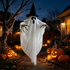 Large Halloween yard decor with illuminated ghost face and skeleton details – perfect for outdoor parties.