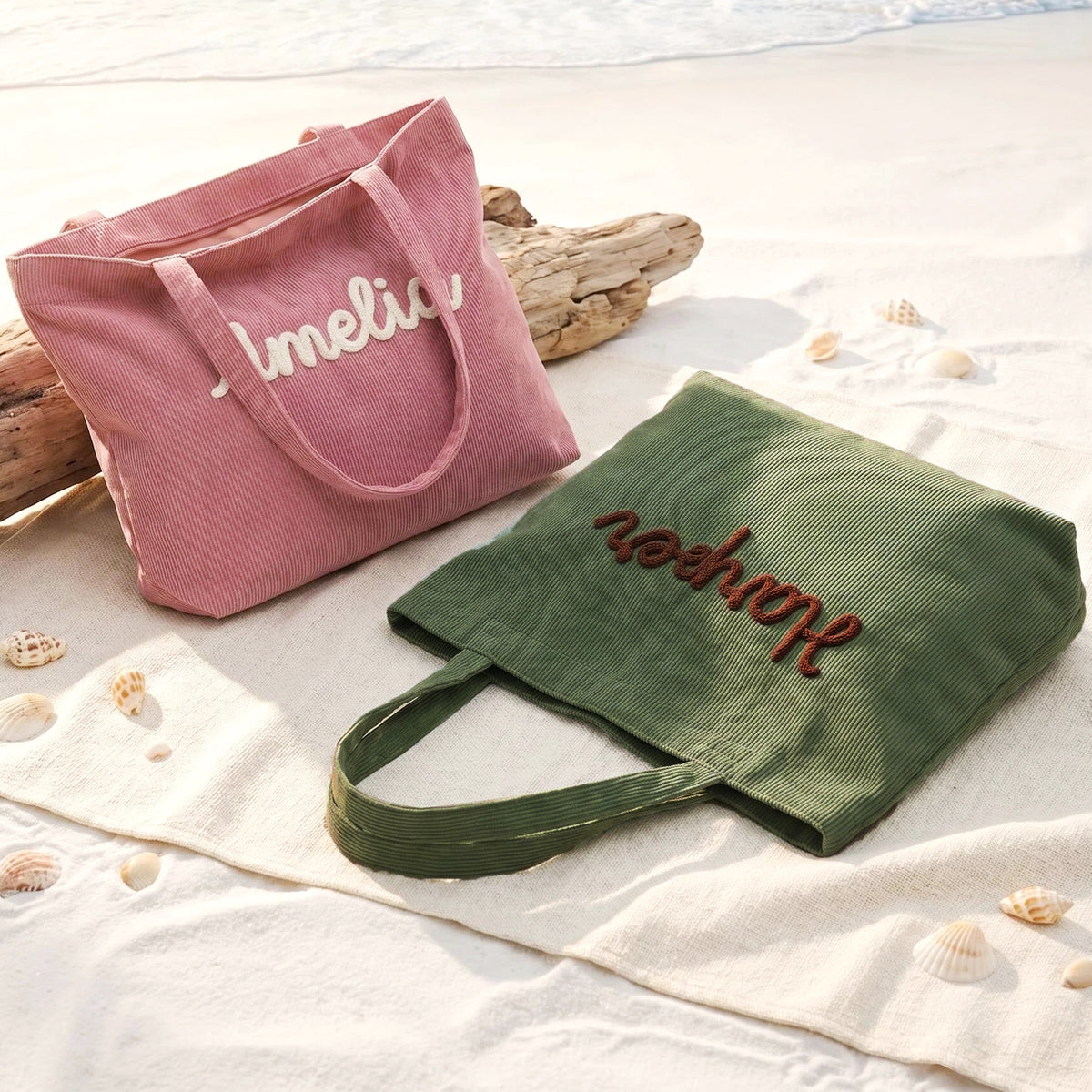Color options for a personalized embroidered corduroy tote bag: navy blue, dark green, white, brown and pink
