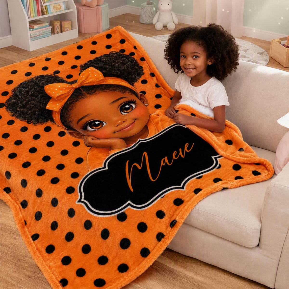 Personalized polka dots cartoon little girl blanket with custom name – soft flannel throw for girls.