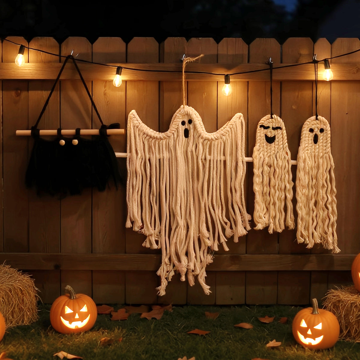Boho-style woven Halloween ornament with natural fibers, ideal for seasonal home decoration and gifting.