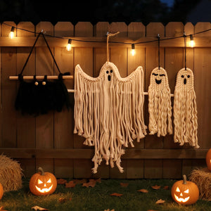 Boho-style woven Halloween ornament with natural fibers, ideal for seasonal home decoration and gifting.