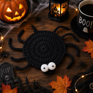 Assorted wool trivet mats in spooky crochet patterns – perfect as heat-resistant coasters for holiday parties.
